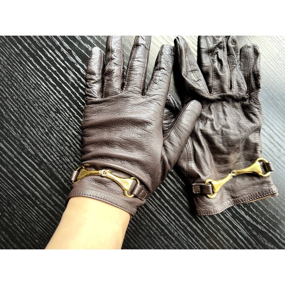 Genuine Leather Gloves, women, dark brown with gold chain, size Small